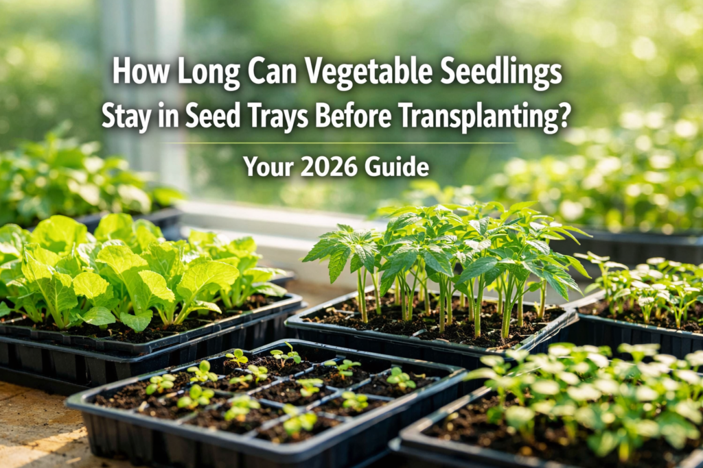 How long can vegetable seedlings stay in seed trays before transplanting?