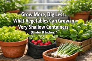 What vegetables can grow in very shallow containers (under 8 inches)?