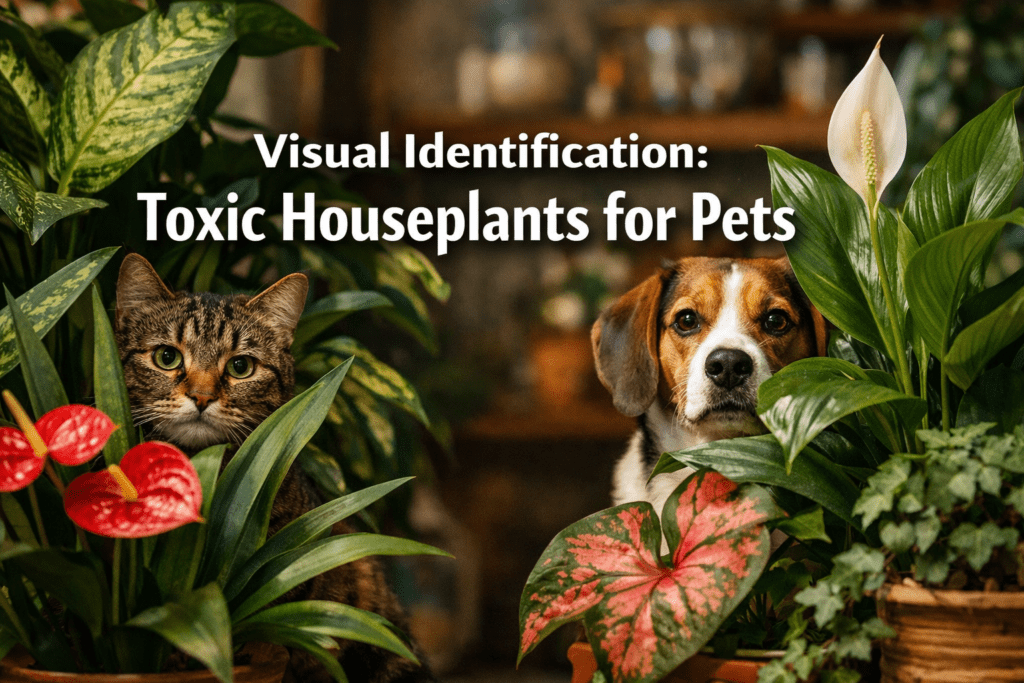 Visual identification chart: toxic houseplants for cats vs dogs