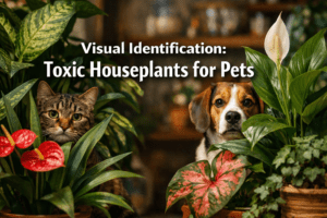 Visual identification chart: toxic houseplants for cats vs dogs