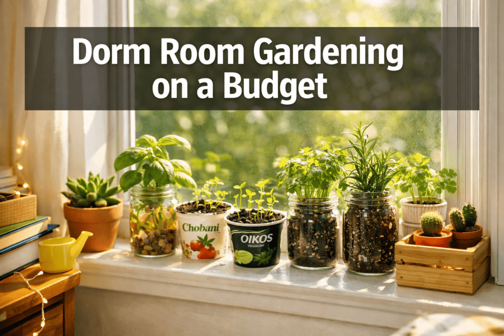 How can I start gardening in a dorm room on a tight budget?