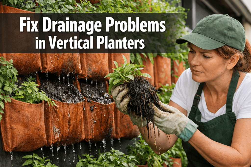 How do I fix drainage problems in vertical planters on my balcony?