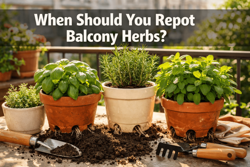 How often should I repot container herbs on my balcony?