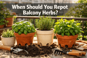 How often should I repot container herbs on my balcony?