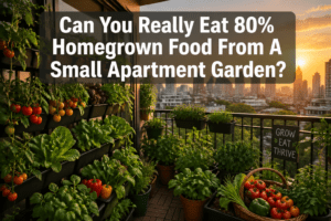 Is it realistic to eat 80% homegrown food from a small apartment garden?