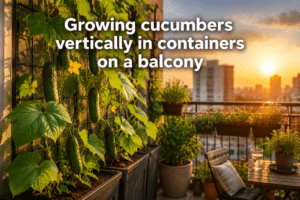 Growing cucumbers vertically in containers on a balcony