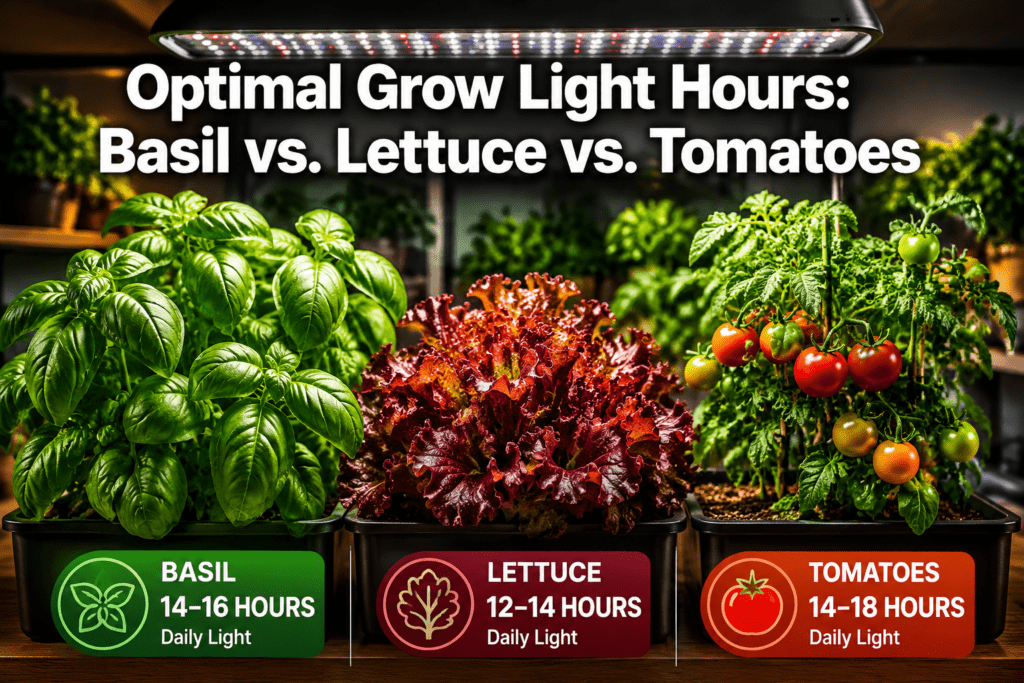 How many hours of grow light does basil need vs lettuce vs tomatoes